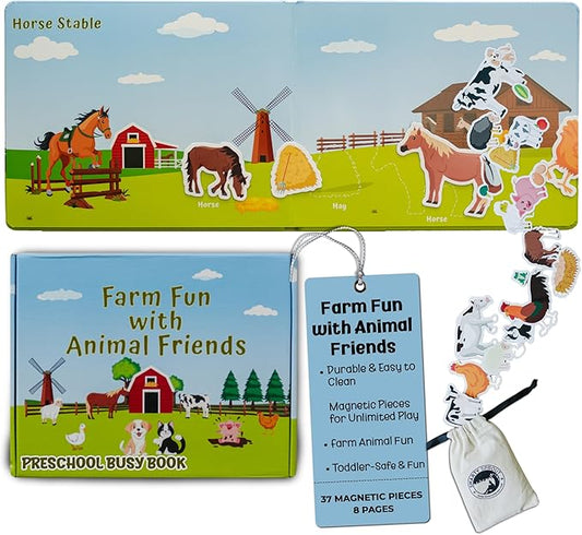 Motessory Preschool Busy Book – Farm Adventures Busy Book for Toddlers 3-5 Years Old with 8 Magnetic Pages and Figurines – Educational Toddler Montessori Toys for Home, Kindergarten, Travel
