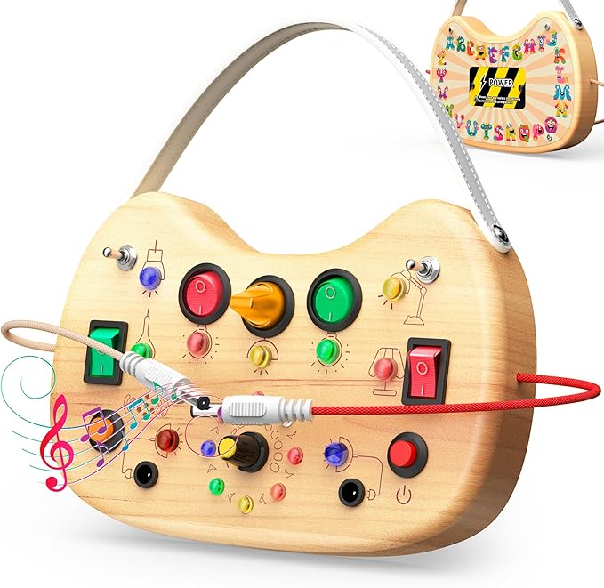 Toddler Busy Board with LED Light Up Switch, Wooden Montessori Busy Board for Todder 1-3, Travel Toys for Autistic Kids, Gift for 1 2 3 Year Old Baby Boys & Girls