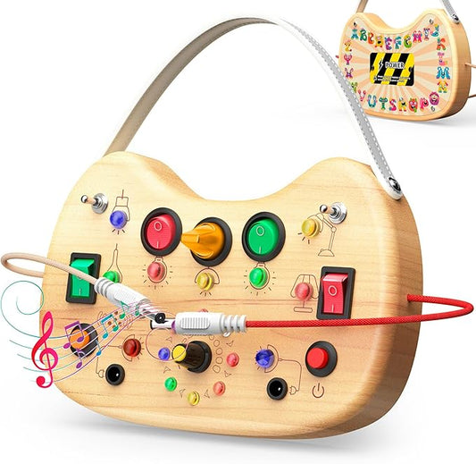 Toddler Busy Board with LED Light Up Switch, Wooden Montessori Busy Board for Todder 1-3, Travel Toys for Autistic Kids, Gift for 1 2 3 Year Old Baby Boys & Girls