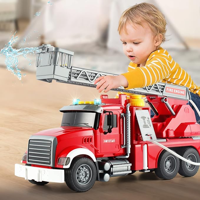 Dwi Dowellin Kids Fire Truck Toys for 3 4 5 6 Years Old Boys, Fire Rescue Vehicle with Shooting Water,Lights and Sounds