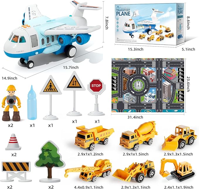 Transport Cargo Airplane, Large Theme Airplane Toy Set, Educational Toy Vehicle Play Set with Smoke Sound and Light, Fricton Powered Plane with Mini Cars and Men, Birthday Gift for Boys and Girls