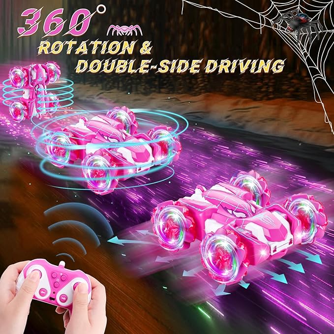 Spider Remote Control Car, 2.4Ghz Double Sided RC Cars with LED Light 360° Rotating 4WD Rechargeable RC Stunt Car Spider Toys for Boys 4-6 5-7 8-13 Girls Gifts Indoor Outdoor, Pink