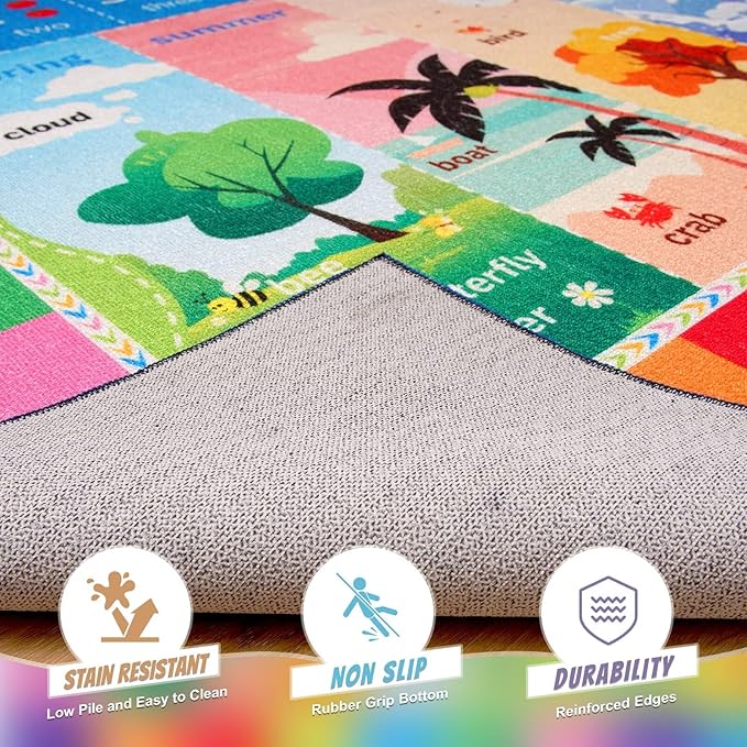 ABC Kids Rug for Playroom, 3x5 Washable Classroom Area Rugs, Toddler Educational Play Mat with Alphabet Numbers Seasons Shapes, Learning Fun for Preschool Children, Colorful
