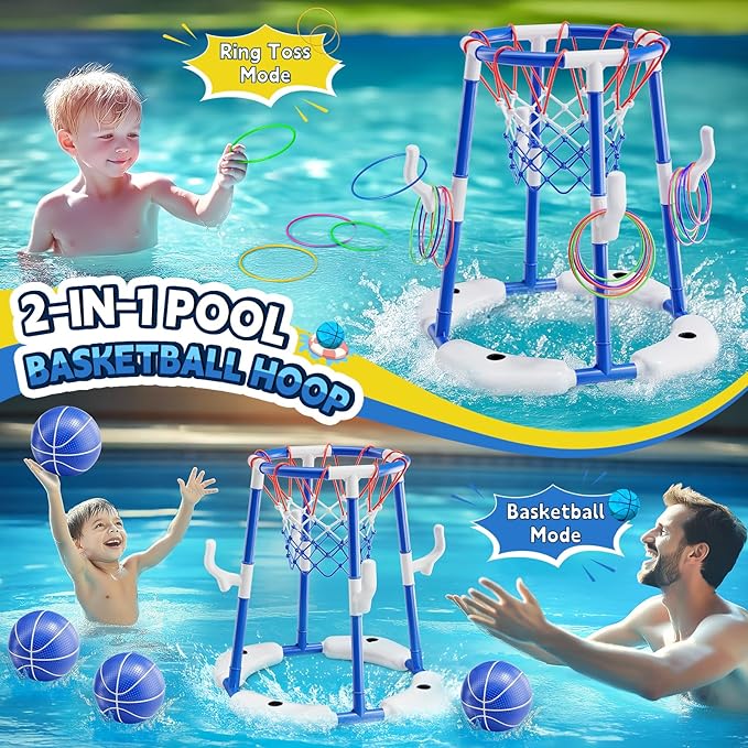Pool Basketball Hoop, Floating Game with 6 Balls & Pump, Kids Pool Toys for Outdoor Summer Fun, Adjustable Height for Ages 4-8-12, Family Swimming Pool Accessory（Blue）