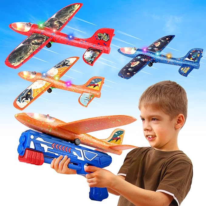 3 Pack Foam Airplane Launcher Toys, 12.6" Led Glider Catapult Plane Boy Toys, Easter Gifts for Kids, Outdoor Sport Flying Toys for Kids Birthday Gifts for 4 5 6 7 8 9 10 11 12 Year Old Boys Girls