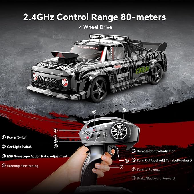 Scale RC Drift Car, 2.4Ghz 4WD RC Race Car with Gyro, LED, 2 Rechargeable Batteries - Hobby RC Cars for Boys