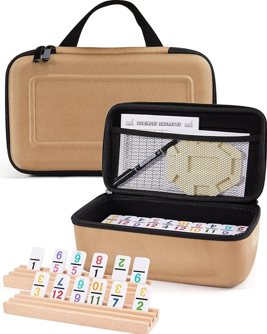 KAILE Mexican Train Dominoes Set with Numbers, Double 12 Dominoes Set with 4 Wooden Trays/Racks, 91 Tiles Colored Dominoes Train Games for Family Night, Travel, Party