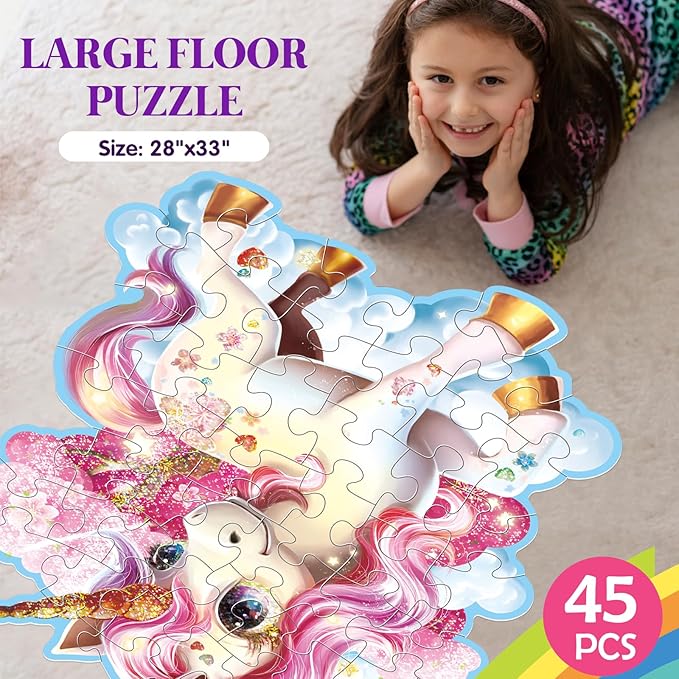 Jumbo Shimmery Floor Puzzle for Kids,Unicorn Jigsaw Large Puzzles,45 Piece Unicorn Puzzle for Toddler Ages 3-5,Children Learning Preschool Educational Toys,Birthday Gift for 4-8 Years Old