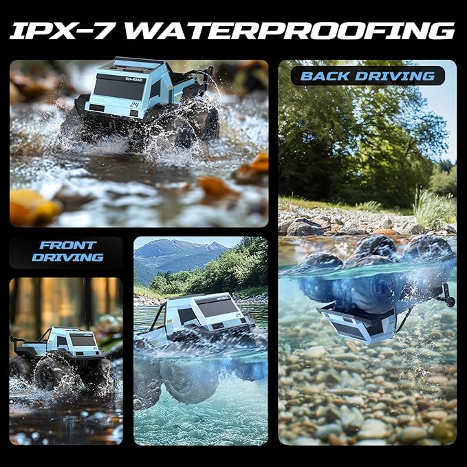 DEERC Amphibious Remote Control Car Monster Truck Toys Waterproof RC Stunt Cars for Boys 8-12 Toys W/Blocks & 360°Spin, 4WD All-Terrain Off-Road Pickup RC Truck 2.4Ghz 60+ Min Playtime Pool Toy Gift