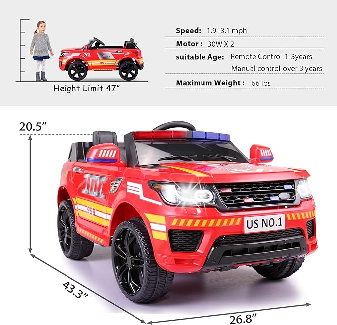 Fire Truck Ride on Toys TOBBI 12V Fire Engine Giant Firetrucks Firefighter Fireman Ride On Car with Remote Control, Siren-Call, Walkie-Talkies, Bluetooth for Toddlers, Red