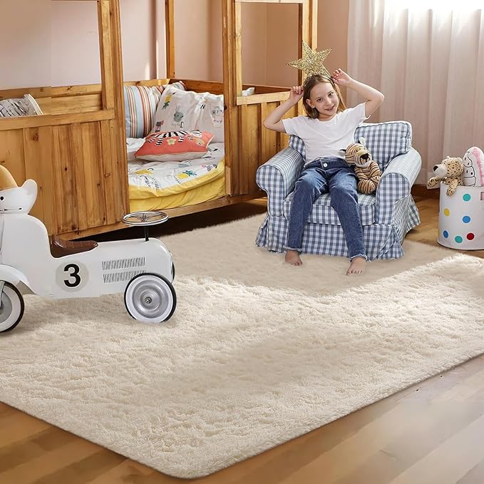 Ophanie Ivory Rugs for Living Room Bedroom, 5x8 Fluffy Fuzzy Furry Cream Carpet, Plush Soft Shaggy Bedside Indoor Floor Area Rug for Kids Girls Boys Baby Teen Dorm Nursery Home Decor Aesthetic