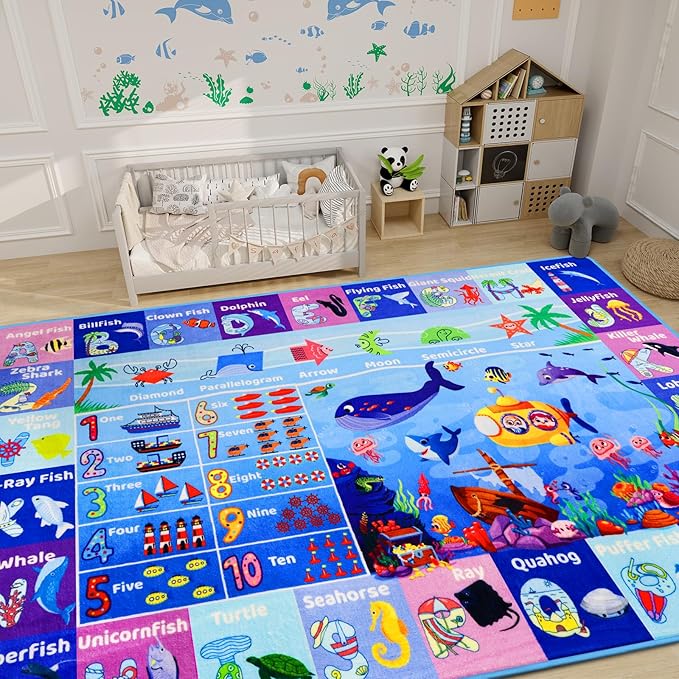 ABC Kids Rug for Playroom 78.7"118" Ocean Baby Play Mat Alphabet Sea Animal Number Shape Classroom Early Learning Carpet for Preschool Toddlers
