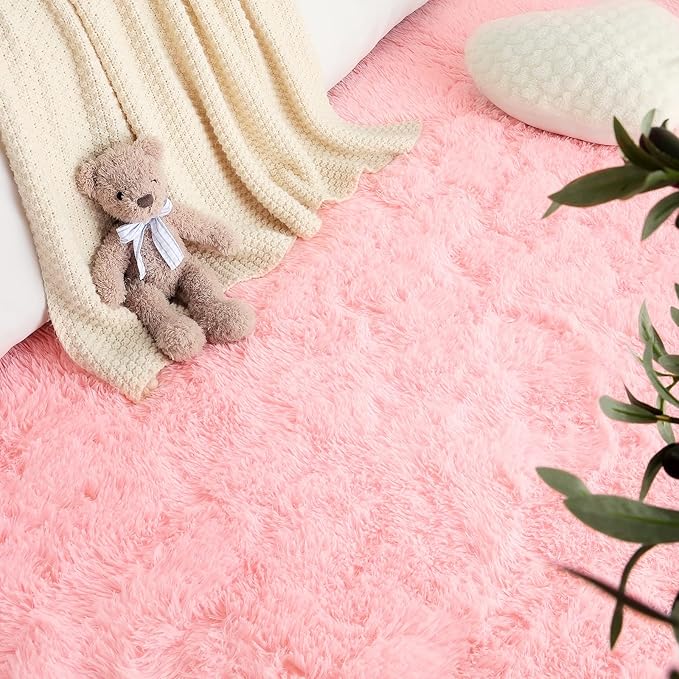 LOCHAS Luxury Round Fluffy Area Rugs for Bedroom Kids Girls Room Nursery, Super Soft Circle Rug, Cute Shaggy Carpet for Children Living Room, 4x4 Feet Pink