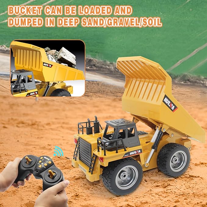 fisca Remote Control Dump Truck 2.4Ghz 4WD RC Truck 6 Channel Mine Construction Vehicle Toy Machine Model with LED Light and Metal Cab for Kids