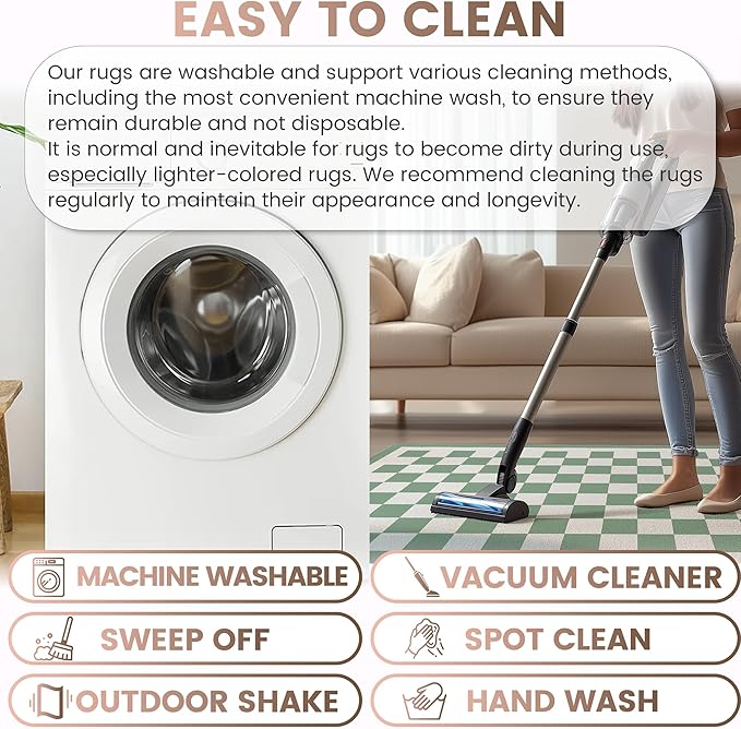 Washable 8x10 Checkered Area Rug for Living Room, Sage Green Checkerboard Modern Boho Large Rugs, Ultra Thin Low Pile Lightweight Indoor Carpet with Non-Slip Backing for Bedroom Kids Nursery Playroom