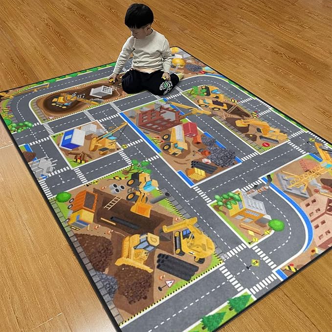 Kids Rug, Construction Site Playmat Rugs - 5x7 Ft Kids Carpet with Rubber Backing, Construction Vehicles Play Mat Nursery Rugs for Children Bedroom Playroom