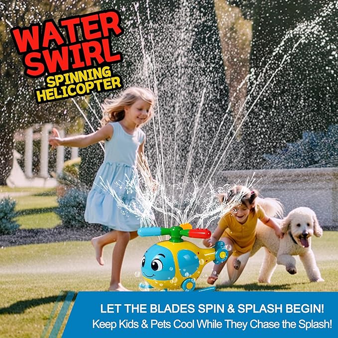 Helicopter Water Sprinkler for Kids, Spinning Outdoor Lawn Toy for Summer Fun, Backyard, Pool, Garden & Birthday Party Play, Ages 3-12, Easy Setup Water-Powered Sprinkler