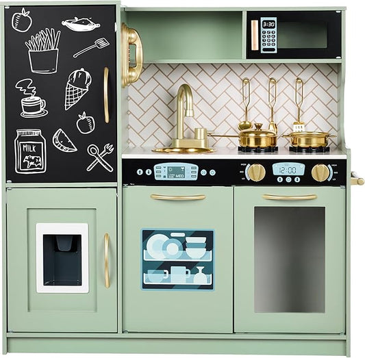 Best Choice Products Pretend Play Kitchen Wooden Toy Set for Kids w/Realistic Design, Telephone, Utensils, Oven, Microwave, Sink - Sage