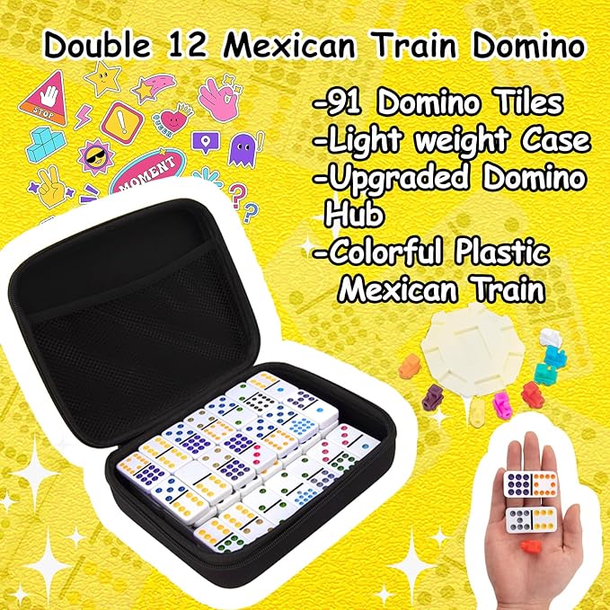 Double 12 Mexican Train Dominoes Set with 91 Colored Tiles, Travel Game with Portable Case, Classic Board Game for Family Nights for Kids and Adults