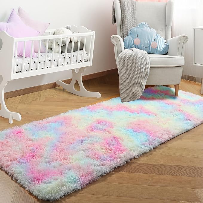 PAGISOFE Machine Washable Rainbow Runner Rugs for Girls Bedroom Hallway Plush Fluffy Rug 2x6 Ft, Soft Carpet for Living Room, Non-Slip Indoor Floor Rugs for Nursery Kids Girls Room Home Decor