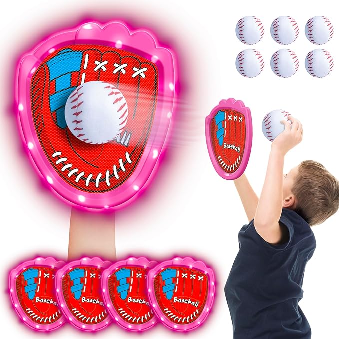 Toss and Catch Ball Game Set,Light-Up Kids Baseball Glove Sticky Mitt, Velcro Ball and Catch Games for Kids Ages 3-12, Football & Baseball Camping/Yard/Outdoor Sports Toy,Outdoor Game for Kids