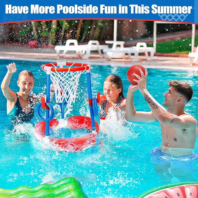 GMAOPHY Pool Basketball Hoop, 2-in-1 Poolside Floating Pool Basketball Game, Swimming Pool Games for Kids Adults Indoor Outdoor Play, Water Play Toy Family Party, Includes Hoop, Balls, Pump
