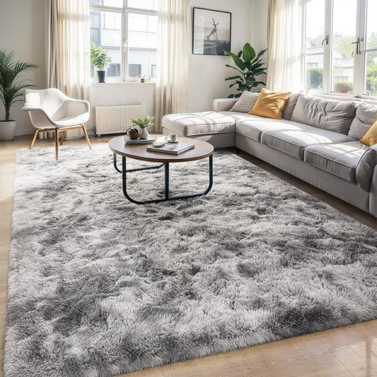 Fluffy Soft Living Room Bedroom Rug, 4x6 Tie-Dyed Grey Area Rugs Super Soft Shaggy Carpet for Living Room Classroom Kids Babys Playroom Nursery Dorm Home Decor, Modern Indoor Non Slip Rug