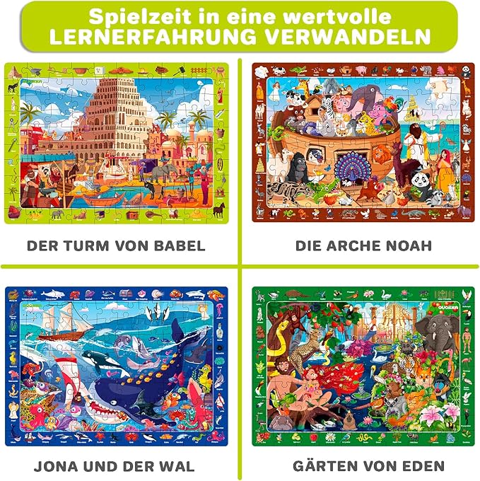 QUOKKA 60 Piece Kids Puzzles Ages 5-8 - Set of 4 Bible Jigsaw Puzzles for Kids 4-6-10 Year Old - Tower of Babel - Noah`s Ark - Eden Toys for Children 5-7 yo - Christian Gifts for Boys & Girls