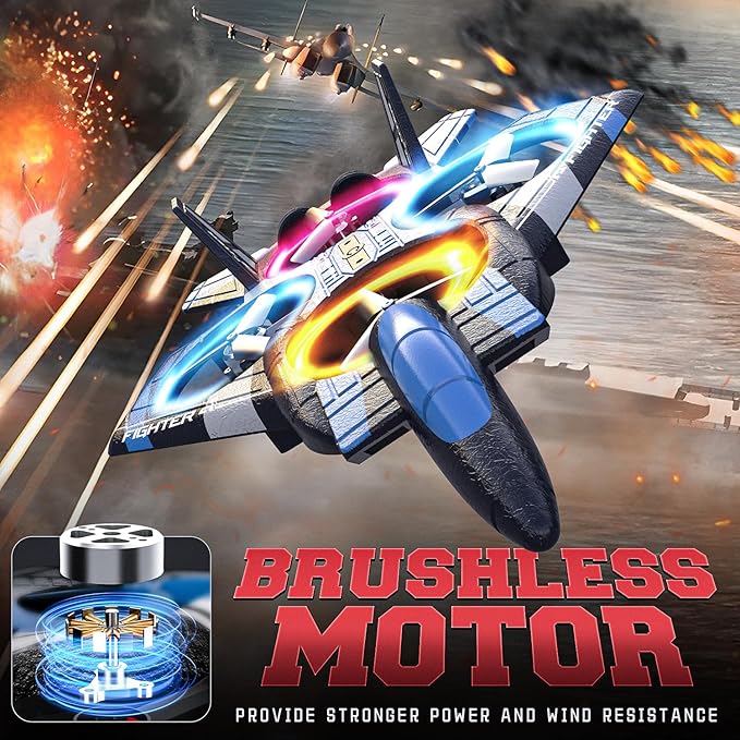 BEZGAR Brushless Drones for Kids | 2.4GHZ RC Plane with Camera, 6-axis Gyro Remote Control Airplane, 360° Flip Fighter Jet Toy, Toys for ages 8-13 with Colorful LED Navigation Lights Blue