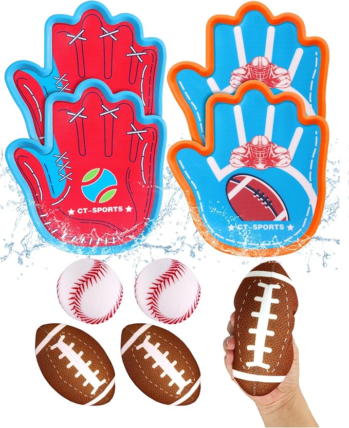 Toss and Catch Ball Game for Kids 3-8, Pool & Beach Ball Game, Outdoor Sports Toy with 4 Soft Sticky Balls & 4 Upgraded Paddles (2 Baseball Style & 2 Football Style), Ages 3-8+