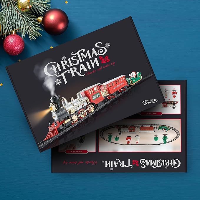 Electric Toy Train Set Around Christmas Tree, Classical Locomotive Engine w/Smokes, Lights & Sounds, Santa Claus Figure as Decoration, Gift for Kids Ages 3 and Up Boys Girls Toddler Children Presents