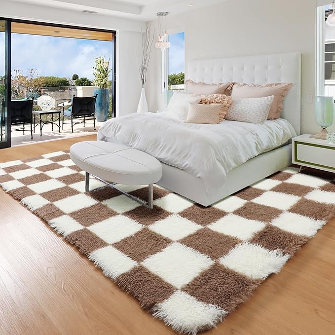 KICMOR 4x6 Brown and Cream White Area Rugs for Bedroom, Fluffy Shag Shaggy Fuzzy Checkered Living Room Rug, Soft and Comfy Bedside Carpet, Furry Plush Rug for Kids Room Nursery Home Decor Aesthetic