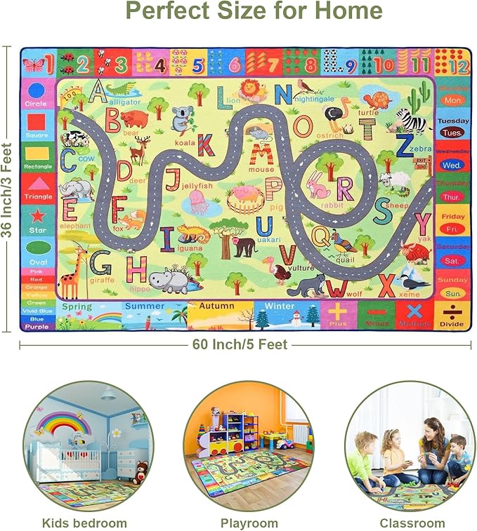 Terrug Kids Rug for Playroom & Classroom, Washable Nursery Carpet, Non-Slip Play Mat - ABC, Numbers, Animal, Color, Season - 3x5 Feet