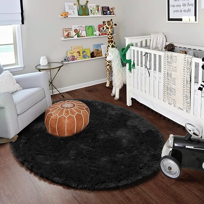 ONASAR Black Round Area Rug 4ft, Soft Bedroom Circle Rugs Floor Mats for Kids Girls Boys Teen Room, Fluffy Plush Shaggy Carpet for Baby Nursery Living Room Playroom Dorm Home Decor
