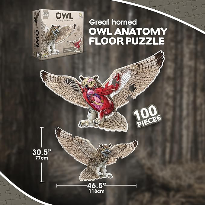 Owl Animal Anatomy Floor Puzzle | 100-Piece Double Sided Jigsaw Puzzle | Large-Sized, Over 3 Feet Scientifically Accurate Illustration - Fun and Educational Toy for Kids, Toddlers and Families