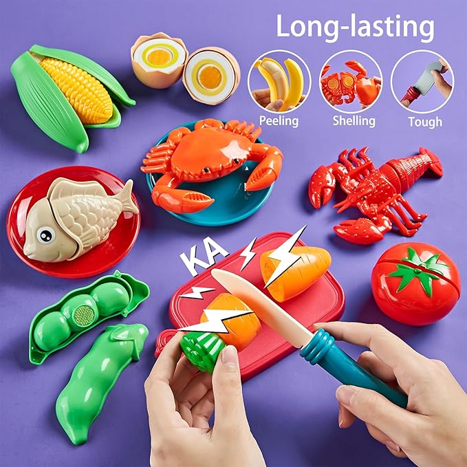 Pretend Play Food for Kids Kitchen - 78Pc Cutting Toy Food with Storage Bag, Food Toys with Veggies, Fruits, Fake Food with Pizza Toy, Pretend Food, Play Kitchen Accessories, Boys Girls Gift