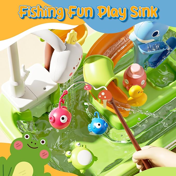 Play Sink with Running Water, 4-in-1 Kids Kitchen Sink Toys with Electric Faucet, Water Table Floating Pool Toy w/Fishing Game, Duck Slide, Pretend Play Dishwasher Set for Toddler Boys Girls (Green)