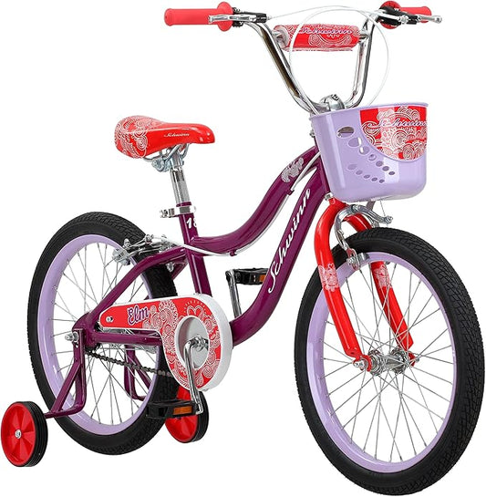 Schwinn Elm BMX Style Toddler and Kids Bike, For Girls and Boys, 18-Inch Wheels, With Training Wheels, Chain Guard, and Front Basket, Recommended Height 42-52 Inch, Purple