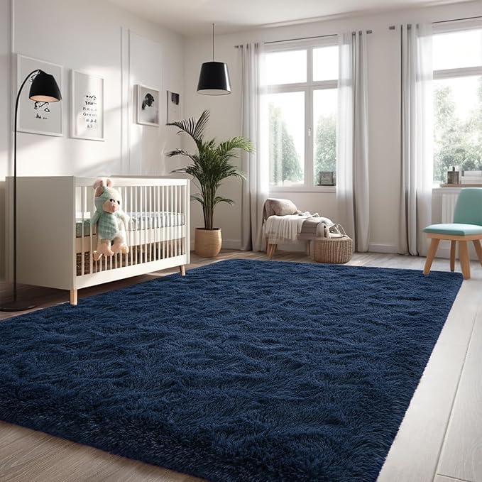 Nuttumico Large Fluffy Shag Area Rug for Living Room, 6x9 ft Navy Blue Fuzzy Plush Rugs for Kids Girls Boys Room, Nursery Dorm Room, Office, Luxury Home Decor