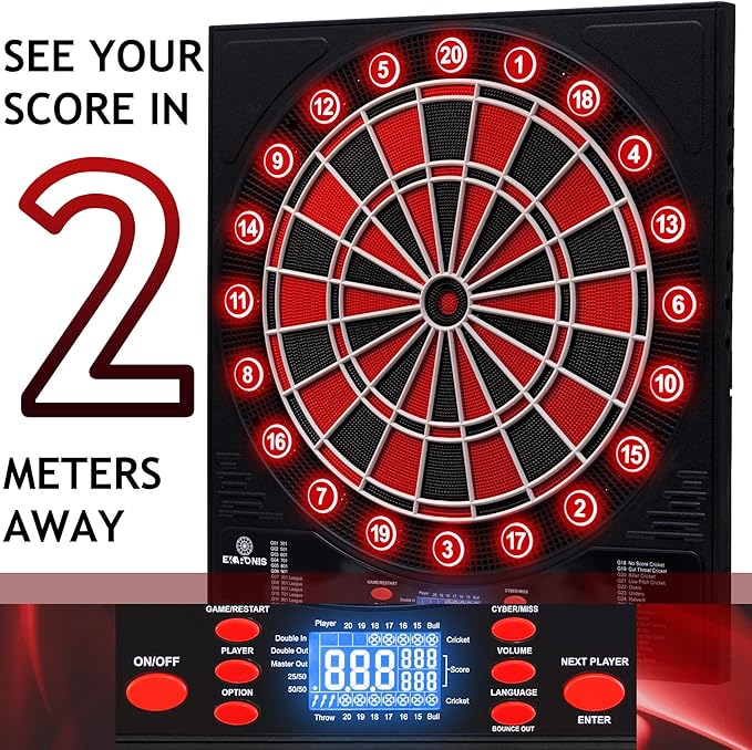 Electronic Dartboard 34 Games 355 Variations with 12 Darts Illuminated Dartboard Dart Storage for 12 Darts