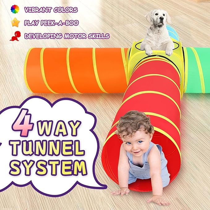 Moncoland Kids Play Tunnel Tent for Toddlers, 5 PCS Colorful Pop Up Crawl Tunnel Toy for Baby or Pet, Collapsible Gift for Boy and Girl Indoor Outdoor Game