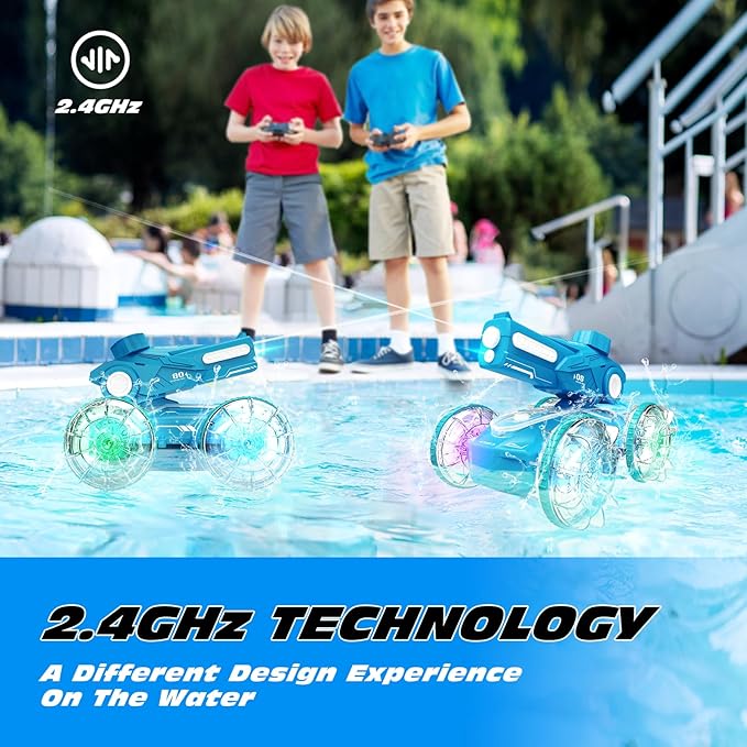 Tecnock Amphibious Remote Control Car Boat for Kids, 2.4GHz 4WD Water Squirt RC Stunt Car with LED Lights, 45-Minute Playtime, Pool Toy Gift for Boys and Girls Ages 6+