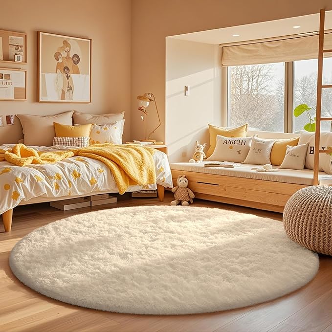 Ophanie Round Rugs 5Ft Ivory Circle Area Rug, Aesthetic Room Decor, Fluffy Fuzzy Bedroom Carpet, Plush Soft Shaggy Cream Living Room Rugs for Kids Home Decor, Nursery