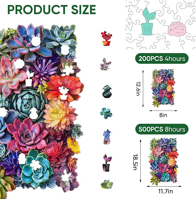 Rectangular Succulent Wooden Puzzles, 200 Pieces Jigsaw Puzzles 12.6'' x8'', Unique Design Liberty Wooden Puzzles for Adults and Kids, Family Game Gift Royal Size