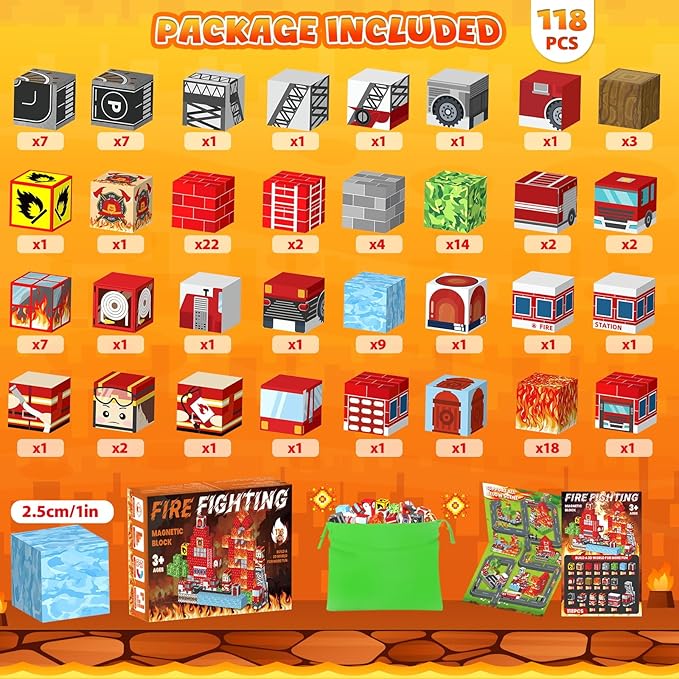 118PCS Magnetic Building Blocks - Build 3D Fire Station Construction Set, STEM Toys for Kids 3+, 1-Inch Magnetic Cubes Montessori Sensory Toys for Toddlers, Boys Girls Magnet Blocks Birthday Gifts