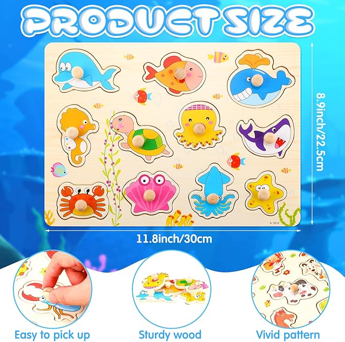 Chivao 8 Set Wooden Peg Puzzles for Toddlers 2-4 Years Alphabet Number Animal Vehicles Puzzles Board for Kids Educational Learning Toys for Children Babies Boys Girls(Cute)