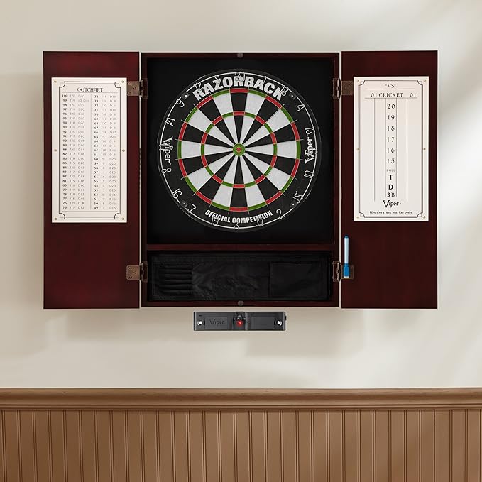 Viper Metropolitan Solid Wood Cabinet & Sisal/Bristle Dartboard Play-Ready Bundle: Elite Set (Razorback Dartboard, Darts and Laser Throw Line), Mahogany Finish
