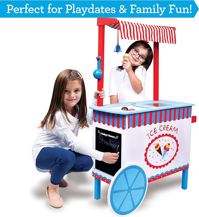 Ice Cream Cart Kids Pretend Play Stand- 33+ Pc Accessories, Realistic Premium Wooden Toy Activity Set, Money Box Chalkboard & Icecream Truck- Popsicles Cones Unique Flavors- Girls Boys Role Play Gift