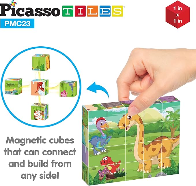 PicassoTiles Magnetic Cube Puzzle 6-in-1 Dinosaur Theme Pattern Magnet Brain Teaser Building Cubes 120 Pictures Toy Set Kids Ages 3 & Up Preschool Children Promote Problem Solving Skills PMC23