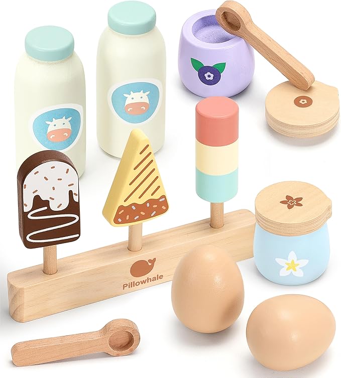 Pillowahle Wooden Play Food for Kids Kitchen, Play Kitchen Accessories, Toy Food Fake Milk, Yogurt, Egg, Ice Cream, Birthday Gift for Boys & Girls 3+